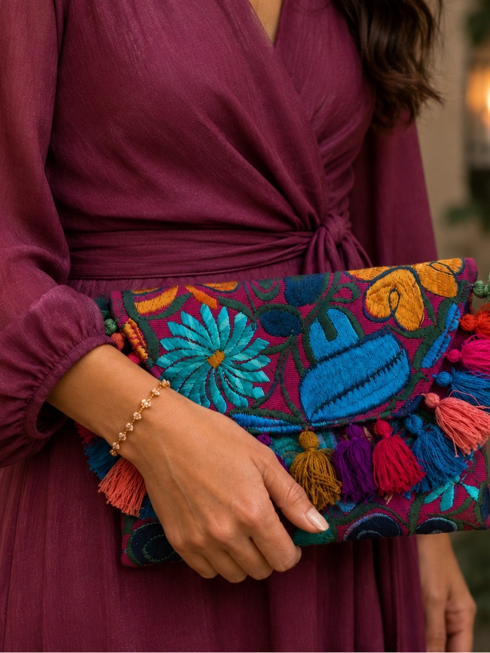 Mexican Embroidered Clutch Bag with Tassles